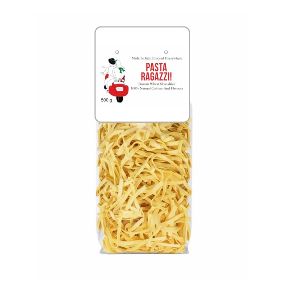 Packaged pasta with 'Pasta Ragazzi' label on a white background