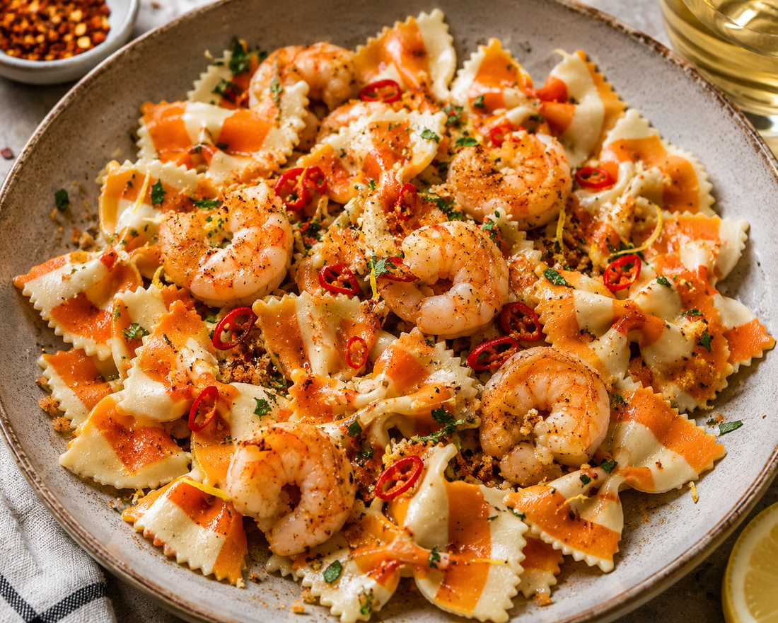 Pasta Ragazzi! Chilli & Garlic Farfalle with Prawns, Lemon & Pangrattato