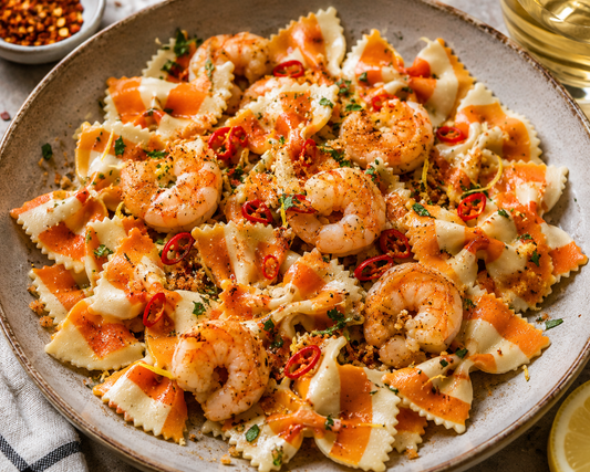 Pasta Ragazzi! Chilli & Garlic Farfalle with Prawns, Lemon & Pangrattato