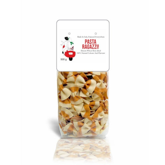 Packaged pasta with 'Pasta Ragazzi!' label on a white background