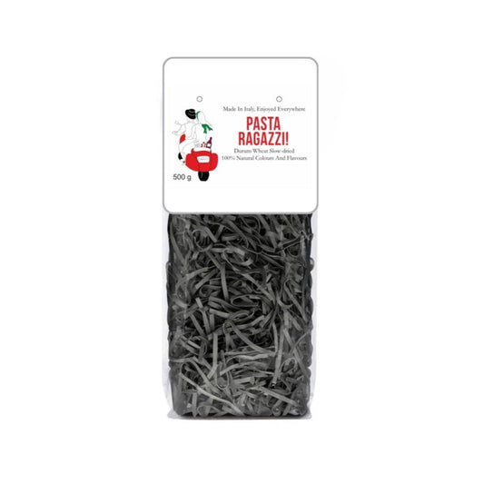 Packaged pasta with a label on a white background