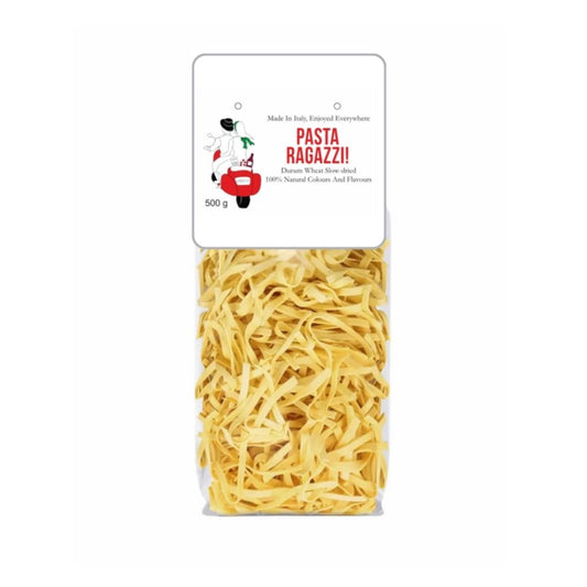 Packaged pasta with 'Pasta Ragazzi' label on a white background